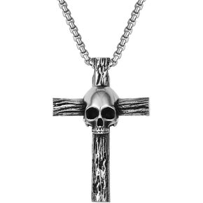 Mens Cross Skull Necklace Stainless Steel Vintage Punk Cross Pendant Necklaces for Men Halloween Memento Skull Jewelry Gift