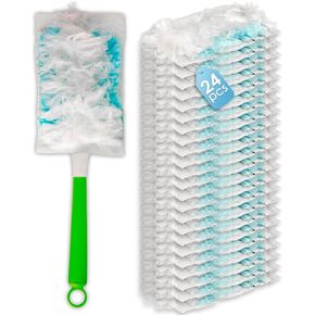24 Count Duster Refills Compatible with Swiffer Dusters, 180° Soft Multi-Surface Duster Replacement Kit with 1 Extra Handle, Disposable Dust Removal Brush Heads for Electronics Furniture, Car interior