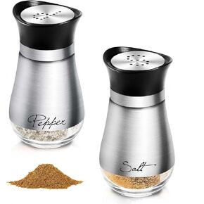 WSSROGY 2 Pack Salt and Pepper Shakers Set with Stainless Steel Lid Salt Pepper Shaker, 4 oz Glass Bottom Spice Shaker with Pour Holes for Kitchen Gadgets Cooking, Camp, BBQ