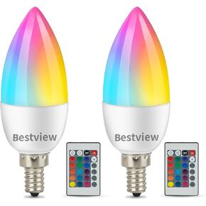Bestview E12 Color Changing Light Bulbs, Candelabra Multicolor RGB LED Light Bulbs with Remote Control, RGBW White 3W Base,Mood Flood Candle Colored Light Bulb for Home Party Bedroom Outdoor(2PCS)