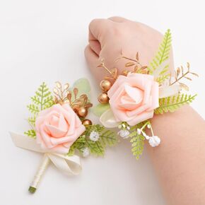 Light Purple Wrist Corsage and Boutonniere Set, 1 Set Foam Rose Hand Flower for Prom Artificial Wedding Wrist Corsage for Wedding Party Prom