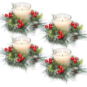 Christmas Candle Ring, Red Berry and Pinecone Xmas Candle Ring Wreath with Red Candle Holders for Table Party 4 Pieces