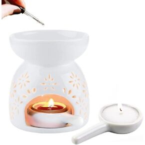 Ceramic Tealight Candle Holder Wax Melt Burner with Candle Spoon, White Essential Oil Burner Ornament for Size A