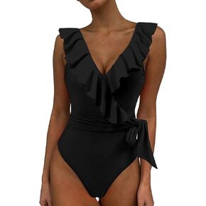 DOULAFASS Women One Piece Swimsuit V Neck Ruffle Tummy Control Monokini Bathing Suit