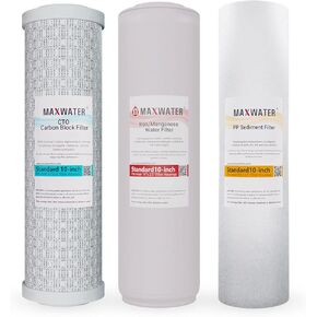 (3 Pack) Max Water Whole House Water Filter Replacement Set Polypropylene Sediment, Iron Manganese, CTO Carbon Water Filters for Standard Whole House Systems