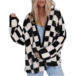 SOLY HUX Women's Long Sleeve Oversized Sweater Checkered Cardigan Open Front Outerwear Tops