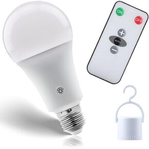 Texsens-Rechargeable-LED-Emergency-Light-Bulb, 7W 600LM 3000K E26 Battery Powered Lamp with Hooks & Remote Controller for Power Outage Camping Hurricane Outdoors, 3 Brightness Levels (Soft White)
