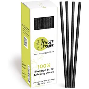 – 100 PCS of 8.25 Inches Unwrapped Biodegradable Black Straws – Made of Vegetable Fibers, Best Environment Friendly Drinking Straws for Hot and Cold Beverages
