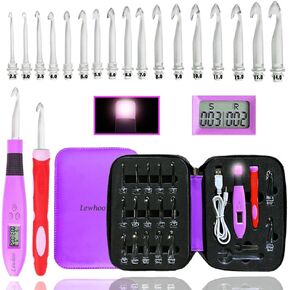خطاف كروشيه مضيء مقاس 18 من Lewhoo، خطافات كروشيه لإضاءة LED وعداد الغرز الرقمي، إبرة كروشيه مع حقيبة