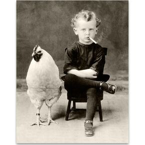 Bizarre Boy with Giant Chicken Oddities and Curiosities Poster - 11x14 Unframed Vintage Wall Art Weird Decor Print - Perfect Goth Funky Decor for Home, Bathroom Goth Room Decor