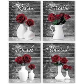 IIILUYOT Red Rose Flowers Relax Soak Unwind Breathe Bathroom Wall Decor Office Corridor Decor Poster Wall Bathroom Locker Home Decor, Spa Woman Girl Bedroom Art Painting, Set of 4 (8"x10") Unframed