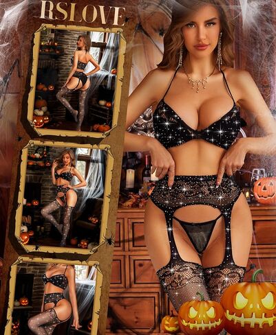 RSLOVE Bodystocking مجموعات الملابس الداخلية للنساء - مثير شبكة صيد السمك حزام الرباط تخزين المرأة حمالة الصدر واللباس الداخلي مجموعات 3 قطعة حجم واحد in Saudi Arabia