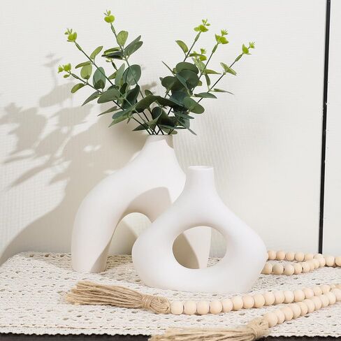 LUSHAURA Ceramic Vase Set | 2 Unique Boho Vases - 58" Wooden Garland & Felt Pads | Scandinavian Home Decor - White Vases for Flowers - Entry Table Decor - Boho Shelf Decor - Organic Modern Home Decor in Saudi Arabia