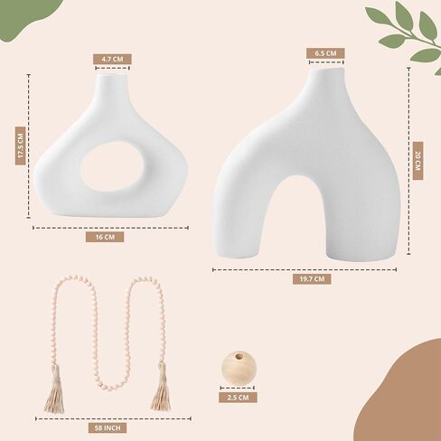LUSHAURA Ceramic Vase Set | 2 Unique Boho Vases - 58" Wooden Garland & Felt Pads | Scandinavian Home Decor - White Vases for Flowers - Entry Table Decor - Boho Shelf Decor - Organic Modern Home Decor in Saudi Arabia