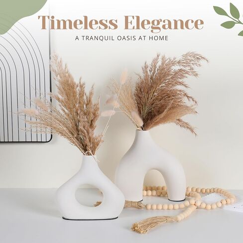 LUSHAURA Ceramic Vase Set | 2 Unique Boho Vases - 58" Wooden Garland & Felt Pads | Scandinavian Home Decor - White Vases for Flowers - Entry Table Decor - Boho Shelf Decor - Organic Modern Home Decor in Saudi Arabia