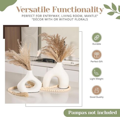 LUSHAURA Ceramic Vase Set | 2 Unique Boho Vases - 58" Wooden Garland & Felt Pads | Scandinavian Home Decor - White Vases for Flowers - Entry Table Decor - Boho Shelf Decor - Organic Modern Home Decor in Saudi Arabia