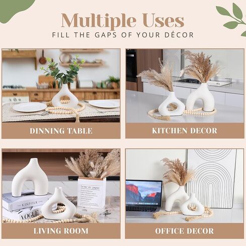 LUSHAURA Ceramic Vase Set | 2 Unique Boho Vases - 58" Wooden Garland & Felt Pads | Scandinavian Home Decor - White Vases for Flowers - Entry Table Decor - Boho Shelf Decor - Organic Modern Home Decor in Saudi Arabia