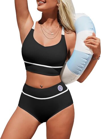 طقم بيكيني نسائي عالي الخصر من Charmo، ملابس سباحة رياضية مكونة من قطعتين، ألوان متعددة، تغطية كاملة، ملابس سباحة in Kuwait