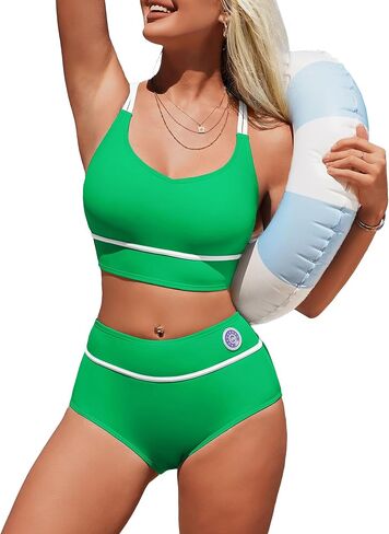 Charmo Womens High Waisted Bikini Sets Sporty 2 Piece Swimsuits Color Block Full Coverage Bathing Suits in Saudi Arabia