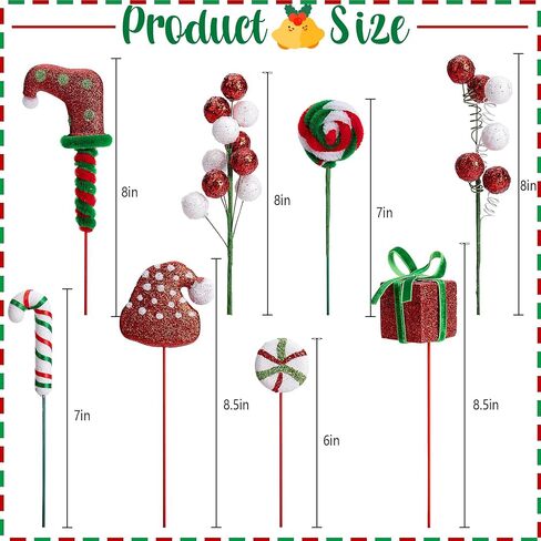 RunNico 16 Pcs Christmas Candy Tree Sticks - Red White Green Christmas Tree Sticks Ornaments - Santa Hat Candy Cane Berry Gift Tree Picks for Xmas Wreath Crafts Vase Party Supplies in Saudi Arabia