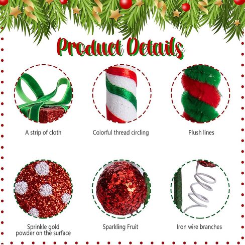 RunNico 16 Pcs Christmas Candy Tree Sticks - Red White Green Christmas Tree Sticks Ornaments - Santa Hat Candy Cane Berry Gift Tree Picks for Xmas Wreath Crafts Vase Party Supplies in Saudi Arabia