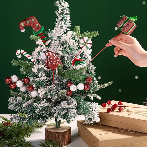 RunNico 16 Pcs Christmas Candy Tree Sticks - Red White Green Christmas Tree Sticks Ornaments - Santa Hat Candy Cane Berry Gift Tree Picks for Xmas Wreath Crafts Vase Party Supplies in Saudi Arabia