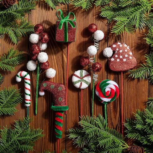 RunNico 16 Pcs Christmas Candy Tree Sticks - Red White Green Christmas Tree Sticks Ornaments - Santa Hat Candy Cane Berry Gift Tree Picks for Xmas Wreath Crafts Vase Party Supplies in Saudi Arabia