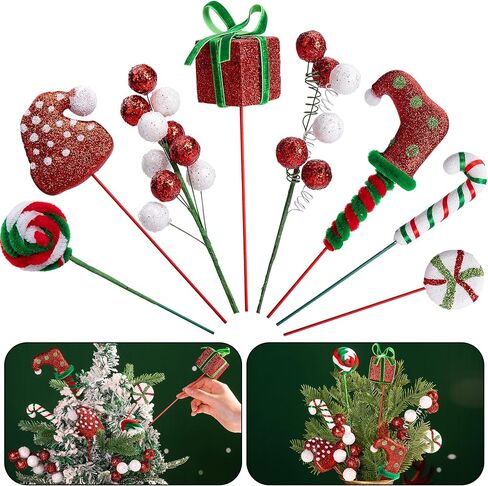 RunNico 16 Pcs Christmas Candy Tree Sticks - Red White Green Christmas Tree Sticks Ornaments - Santa Hat Candy Cane Berry Gift Tree Picks for Xmas Wreath Crafts Vase Party Supplies in Saudi Arabia