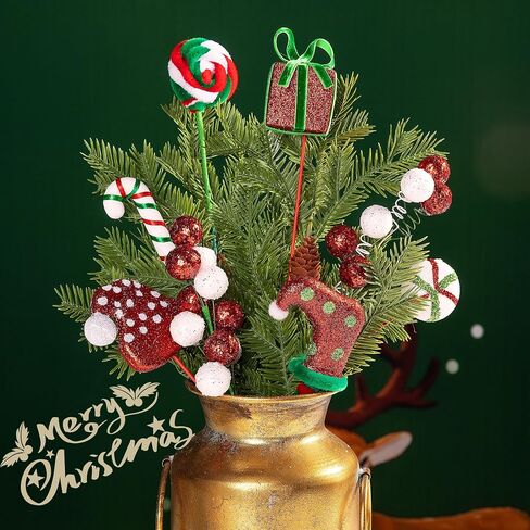 RunNico 16 Pcs Christmas Candy Tree Sticks - Red White Green Christmas Tree Sticks Ornaments - Santa Hat Candy Cane Berry Gift Tree Picks for Xmas Wreath Crafts Vase Party Supplies in Saudi Arabia