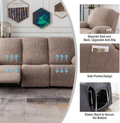 Recliner Sofa Covers Sectional Couch Cover for Reclining Couch 3 Seat, 5-Pieces 3 Cushion Sofa Stretch Recliner Sofa Slipcover, Soft Jacquard Furniture Dog Couch Cover Protector in Saudi Arabia