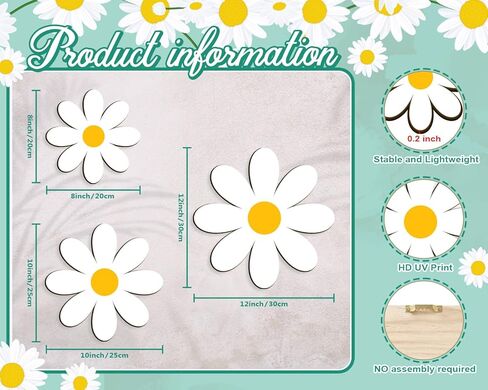 3D خشبية ديزي جدار ديكور الزهور البيضاء علامات الجدار شنقا لوحة للمنزل الحضانة الغسيل غرفة نوم الحمام ديكورات هووسورمينغ الهدايا مجموعة من 6 in Kuwait