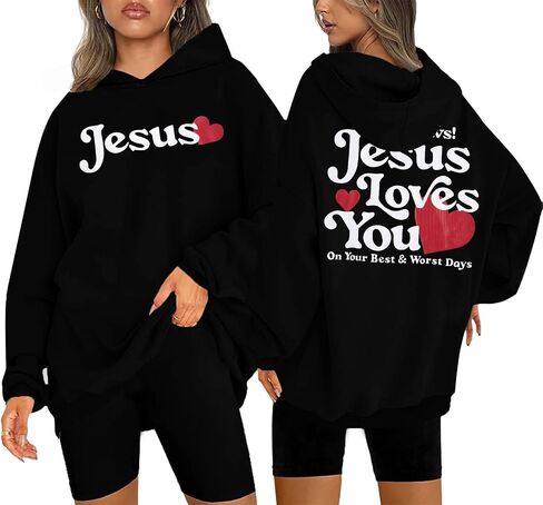 سويت شيرت FLOYU Jesus Loves You ذو قلنسوة للنساء، سويت شيرت مسيحي بقلنسوة، قميص آية الكتاب المقدس، ملابس دينية in Saudi Arabia