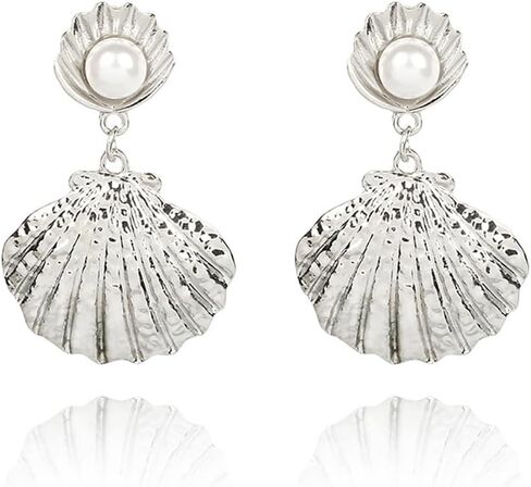 Boho Seashell Pearl Beach Earrings for Women Trendy Girls,Vintage Dangle Drop Pendant Jewelry,Gold Mermaid Scallop Earrings for Holiday Gifts Party in Kuwait