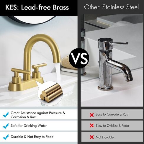 KES Brushed Gold Bathroom Faucet Modern 4 Inches Centerset Vanity Faucet Brass Construction Brushed Gold Finish, Sink Drain Not Included, L4117LFF12-BZ in Saudi Arabia