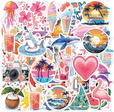 Summer Hawaii Stickers for Water Bottles : 50Pcs Beach Stickers Tropical sticker Vacation Sticker Pack for Laptop, Waterproof Vinyl Aesthetic Stickers for Kids Girl Teens, Phone, Scrapbook, Luggage in Saudi Arabia