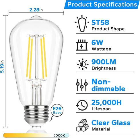 TOBUSA Vintage LED Edison Bulbs 6W, 900lm Super Bright LED Bulbs, 60W Equivalent Light Bulbs, ST58 Antique LED Filament Bulbs, 2700K Warm White, E26 Base Non-Dimmable Bulbs for Home, Office, 12-Pack in Kuwait