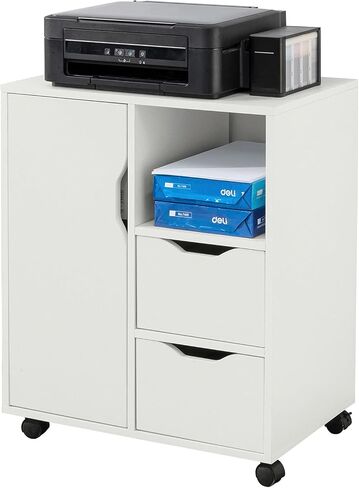 SoBuy Multi-Functional Storage Trolley Printer Table with Drawer and Door Office Trolley on Wheels Bedside Table Side Table for Bathroom Kitchen Office Balcony Living Room, White FBT105-W in Saudi Arabia