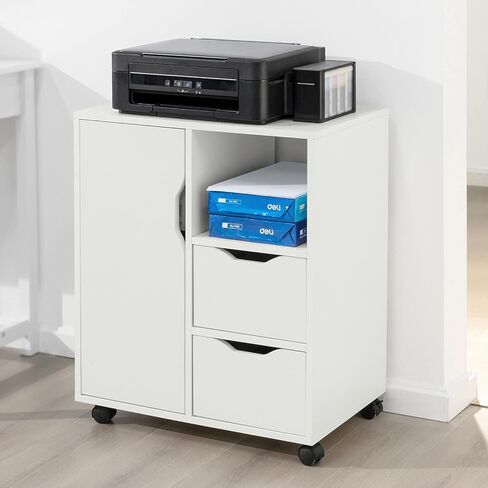 SoBuy Multi-Functional Storage Trolley Printer Table with Drawer and Door Office Trolley on Wheels Bedside Table Side Table for Bathroom Kitchen Office Balcony Living Room, White FBT105-W in Saudi Arabia