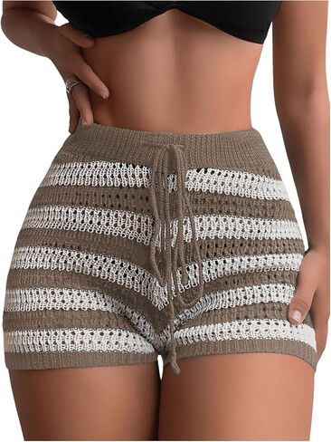 Verdusa Women's Striped Swimsuit Crochet Shorts Beach Knitted Hollow Out Cover Up Beachwear in Saudi Arabia