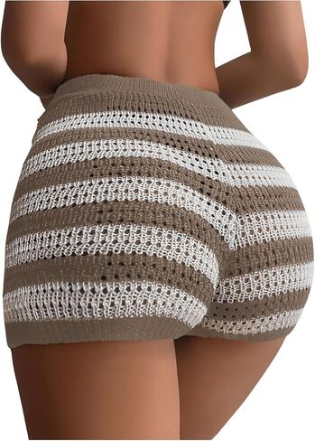 Verdusa Women's Striped Swimsuit Crochet Shorts Beach Knitted Hollow Out Cover Up Beachwear in Saudi Arabia
