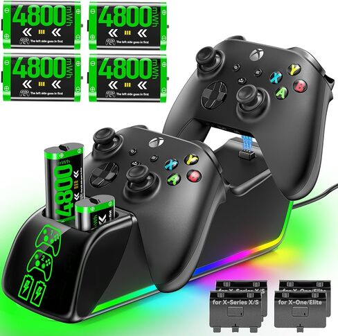 شاحن RGB مع حزمة بطاريات قابلة لإعادة الشحن بقدرة 4 × 4800 مللي واط في الساعة لأجهزة Xbox Series/One X|S، ومحطة شاحن وحدة تحكم Xbox مع حزمة بطاريات قابلة لإعادة الشحن لوحدات تحكم Xbox One S|X/Elite Core in Kuwait