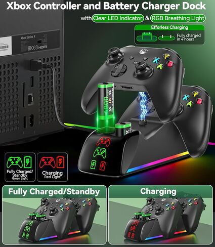 شاحن RGB مع حزمة بطاريات قابلة لإعادة الشحن بقدرة 4 × 4800 مللي واط في الساعة لأجهزة Xbox Series/One X|S، ومحطة شاحن وحدة تحكم Xbox مع حزمة بطاريات قابلة لإعادة الشحن لوحدات تحكم Xbox One S|X/Elite Core in Kuwait