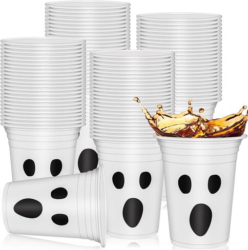 AnyDesign 50 قطعة أكواب بلاستيكية للهالوين 12oz أبيض أسود تصميم شبح أكواب للاستعمال مرة واحدة، أكواب حفلات الهالوين المخيفة للمشروبات الباردة الساخنة وعصير القهوة والبيرة والحلوى والوجبات الخفيفة in Saudi Arabia