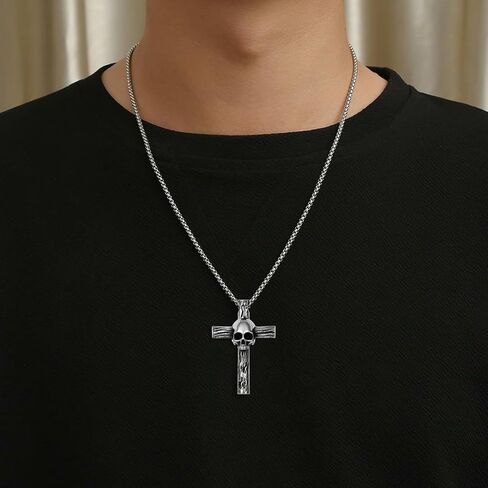 Mens Cross Skull Necklace Stainless Steel Vintage Punk Cross Pendant Necklaces for Men Halloween Memento Skull Jewelry Gift in Saudi Arabia