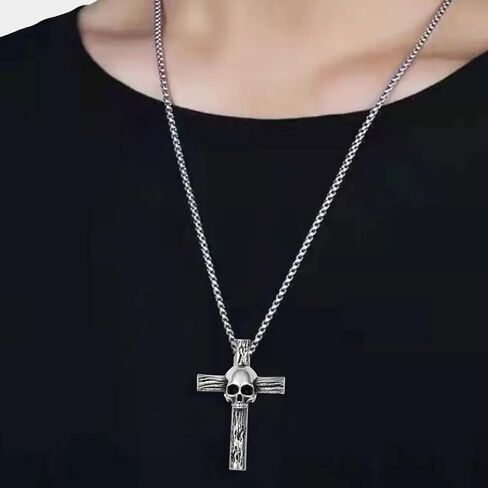 Mens Cross Skull Necklace Stainless Steel Vintage Punk Cross Pendant Necklaces for Men Halloween Memento Skull Jewelry Gift in Saudi Arabia