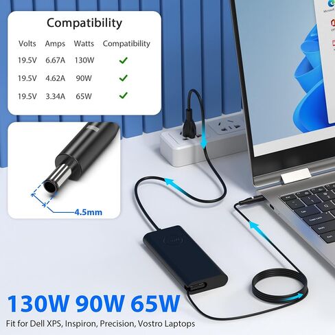 130W 19.5V 6.7A 7.4mm Tip AC Adapter Laptop Charger for Dell Inspiron 15 7559 N7110 N5110 Precision M20 M60 M70 M90 M2400,Dell XPS 15 L502X 17 L702X,PA-4E DA130PE1-00 JU012 CM161 Power Supply Cord in Kuwait