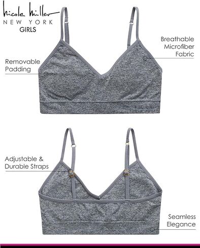 Nicole Miller Girls' Training Bra - 3 Pack/6 Pack Seamless Long Line Cami Bralette - Breathable Sports Bra for Girls (S-XL), Size X-Large, Light Pink/Ice White/Black- 3pk in Saudi Arabia