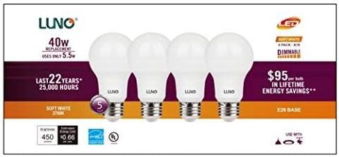 لمبة LUNO A19 LED قابلة لتعديل الضوء، 5.5 وات (ما يعادل 40 وات)، 450 لومن، 2700 كلفن (أبيض ناعم)، قاعدة متوسطة (E26)، UL & ENERGY STAR (4 عبوات) in Kuwait