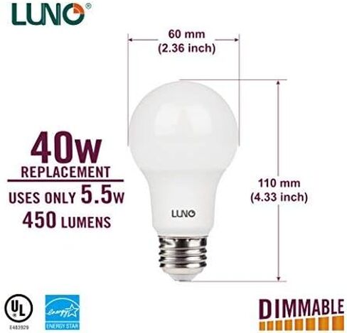 لمبة LUNO A19 LED قابلة لتعديل الضوء، 5.5 وات (ما يعادل 40 وات)، 450 لومن، 2700 كلفن (أبيض ناعم)، قاعدة متوسطة (E26)، UL & ENERGY STAR (4 عبوات) in Kuwait