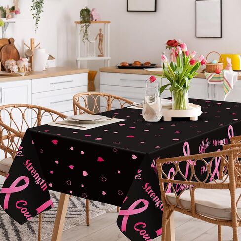 3 Pieces Breast Cancer Awareness Tablecloth, 54 x 108 in Pink Ribbon Plastic Table Cover, Breast Cancer Awareness Accessories Gifts for Cancer Survivor Women Charity Public Dining Kitchen(Black) in Saudi Arabia
